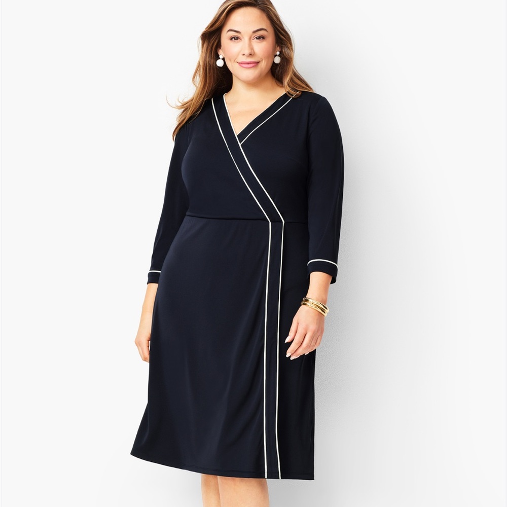 Talbots Navy Blue White Trim Faux Wrap Event Business Casual Dress Size L